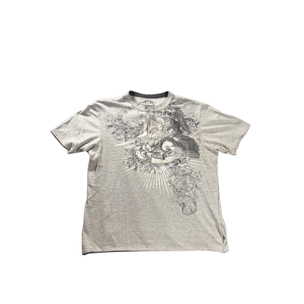 Modern Culture Y2K Henley Shirt Mens Large Grey AOP Graphic 2000s Streetwear